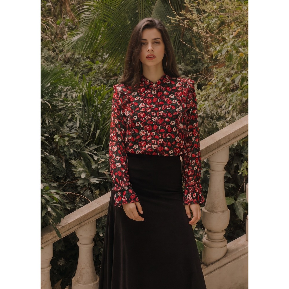 Lauren Ralph Lauren Blouse Womens L Red Floral Ruffle Trim Button Front Top
